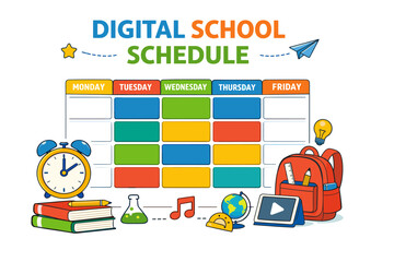 Colorful digital school schedule illustration with books and backpack