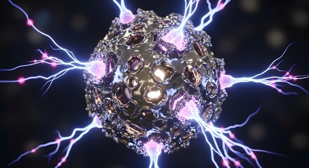 Microscopic 3D rendering of a glowing blue virus cell emerging from infected organic tissue cracks representing medical research science and infectious disease laboratory study concept