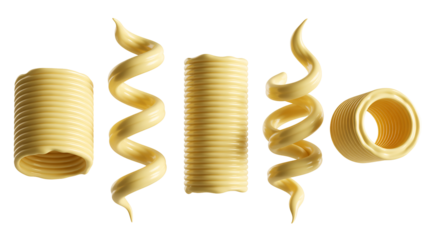 Golden yellow butter curls rolls and spirals in various elegant and soft forms, isolated on transparent background
