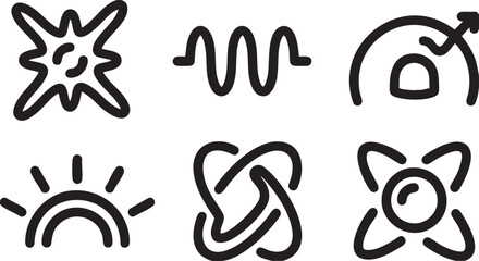 Obraz premium Six hand drawn black abstract representing concepts like explosion sun wave knot and growth symbol