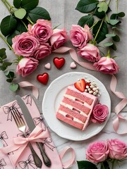 Romantic Valentine Dessert Setup With Pink Roses, Heart Candies and Cake Slice on White Wooden Table