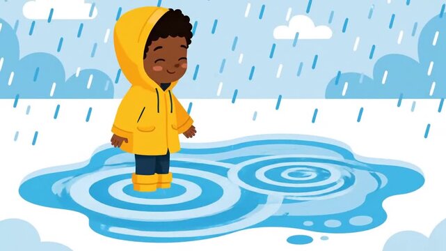Joyful Childhood Adventures: Animated Boy Splashing In Puddles During A Rainy Day With Cartoon Style