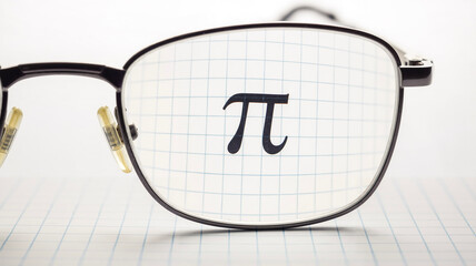 Glasses focused on mathematical symbol pi on grid paper background  