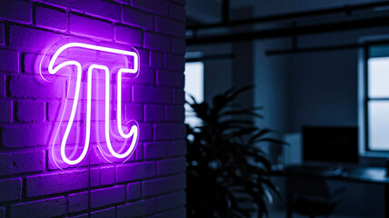Neon pi symbol glowing on brick wall in modern office space  