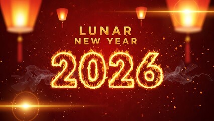 Burning 2026 Fire Text with Hanging Lanterns for Lunar New Year