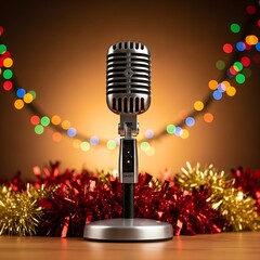 Elegant vintage broadcast microphone set against a festive backdrop of sparkling red tinsel and multicolored holiday light circles.