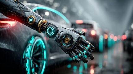 Futuristic robotic arm extends towards advanced autonomous vehicle on a rainy city street, signaling progress and innovation.