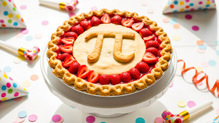 Pie with pi symbol and strawberries on festive table with confetti  