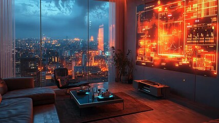 A futuristic apartment with a panoramic city view at night, featuring a high-tech interface display. - Powered by Adobe
