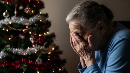 Heartbroken elderly woman mourning alone in the shadows next to a celebratory Christmas tree during the winter season.