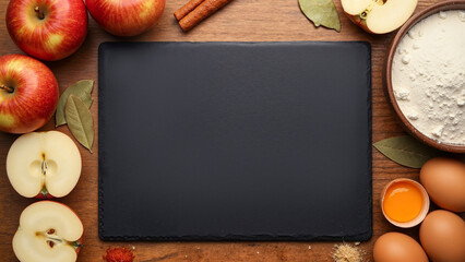 Fresh ingredients for baking apple pie on wooden table  