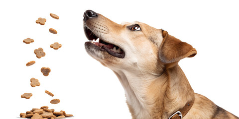 Realistic dog portrait, medium close-up, dog looking up and trying to catch falling dry dog food, kibble pieces frozen in mid air, dynamic action moment, natural facial expression, realistic fur textu