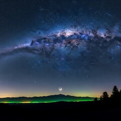 Enchanting night landscape merging the vast Milky Way galaxy with a quiet mountain range and thin crescent moon.