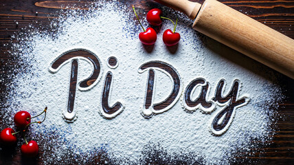 Pi Day celebration with flour, rolling pin, and cherries on wooden table  