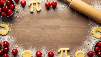 Baking setup with cherries, cookie dough, and rolling pin on wooden table  