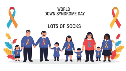 Diverse family and children wearing blue shirts with awareness ribbons for world down syndrome day