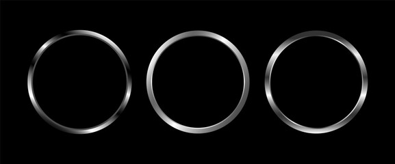Set of three silver glowing circle frames isolated on dark transparent background.  © Aleksa Boo