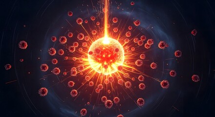 A conceptual 3D illustration of a glowing virus cell being targeted by a laser beam representing innovative medical laser therapy treatment for cancer and infectious diseases