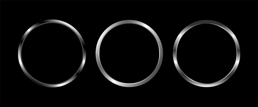 Set of three silver glowing circle frames isolated on dark transparent background. 