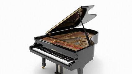 Grand piano with open lid and visible inner mechanisms on white background transparent background