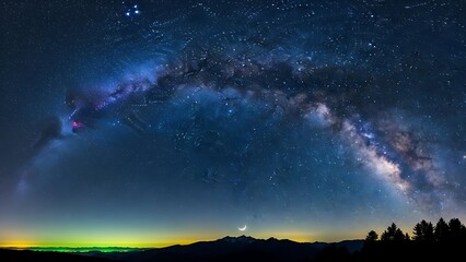 Vibrant cosmic display of the galaxy and stars positioned perfectly above a jagged mountain horizon and sliver moon.