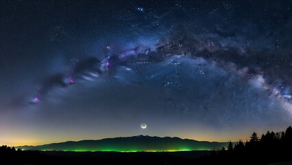 Vibrant cosmic display of the galaxy and stars positioned perfectly above a jagged mountain horizon and sliver moon.