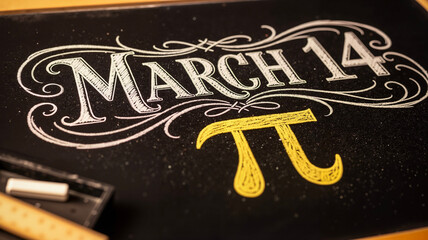 March 14 chalkboard art illustrating Pi symbol and date  