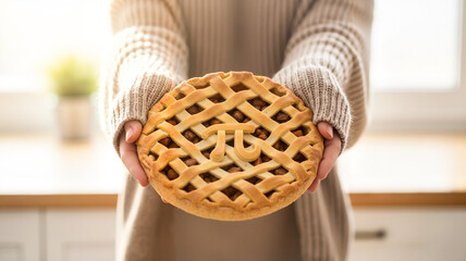 Woman holding pie with pi symbol on top in bright kitchen  