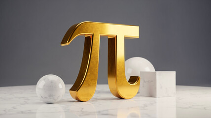 Gold pi symbol with geometric shapes on gray background  