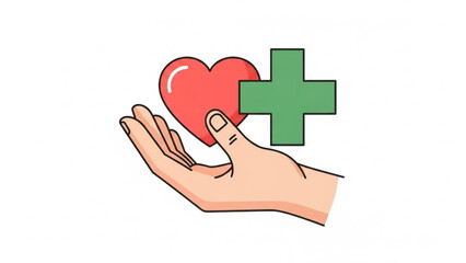 A cartoon hand holding a red heart and green cross symbol on a white background representing healthcare