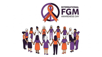 International fgm awareness day illustration with diverse women holding hands in solidarity with purple