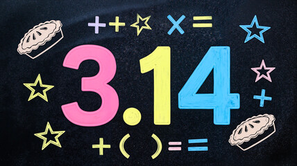 Colorful chalkboard illustration of Pi 3.14 with math symbols  
