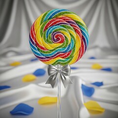 Whimsical multi-colored lollipop with sugar crystals and a silver bow surrounded by yellow and blue scattered petals.