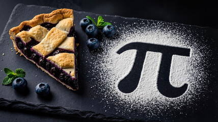 Blueberry pie slice on slate with pi symbol made of powdered sugar  