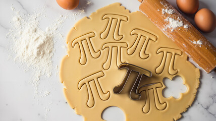 Cookie dough with pi symbols and rolling pin on marble surface  