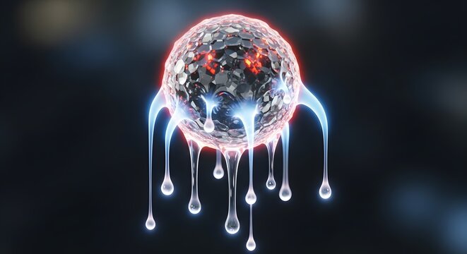 3D illustration of a microscopic virus or cell structure with liquid droplets dripping against a dark background representing biotechnology research scientific innovation and infectious disease analys - Powered by Adobe