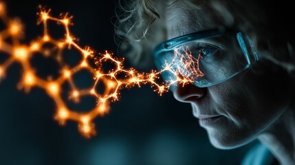 Intrigued scientist intensely analyzes glowing molecular structure with focused determination, envisioning breakthrough discoveries in advanced research.