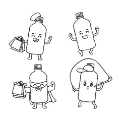 Obraz premium Cartoon milk bottles in various superhero poses with shopping bags in black and white line art for illustration
