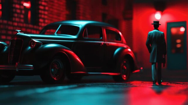 Mafia member in fedora and trench coat striding down a rainy, neon-lit city street in the 1940s. Classic vintage cars line the sides of the wet street.
