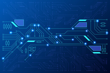 Abstract PCB layout with glowing blue lines, nodes, and components on dark background, symbolizing electronics.