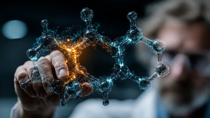Scientist marvels at intricate glowing molecular structure, visualizing complex data and scientific discovery in a modern lab setting