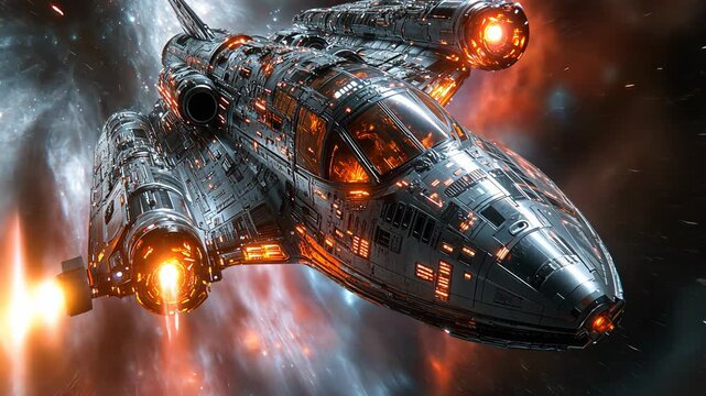 A futuristic spaceship soars through a vibrant nebula, engines blazing, on an interstellar voyage.