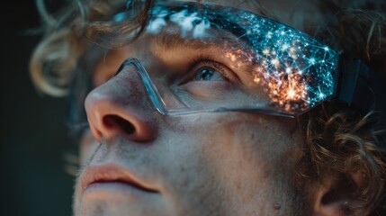 Man experiencing futuristic augmented reality with digital interface in VR glasses, exploring innovative technology