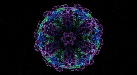 Symmetrical 3D illustration of a purple and green virus cell with complex geometric patterns representing molecular biology structure genetic research and microscopic viral disease analysis