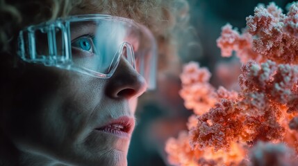 Scientist in protective eyewear observing vibrant biological specimen with intense focus for research and discovery