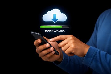 Download processing data concept. Downloading data from cloud storage. Person using smartphone with downloading bar on virtual screen for download files.