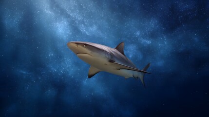 A majestic shark glides through a dark starry ocean deep illuminated by ethereal light rays