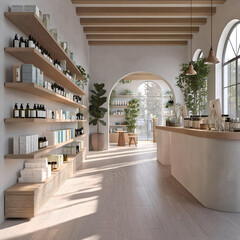 Bright minimalist store with shelves of dried flowers, natural decor