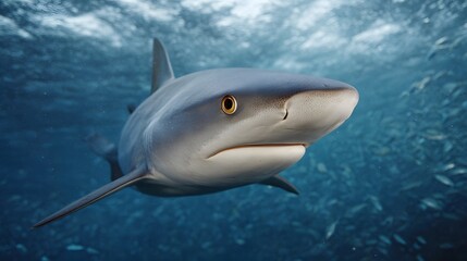 Close up view of a shark s head swimming through a dense school of fish in the deep blue ocean