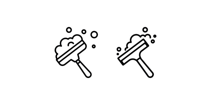 Window squeegee icons set outline vector symbols showing scrubbing and washing with soapy foam bubbles